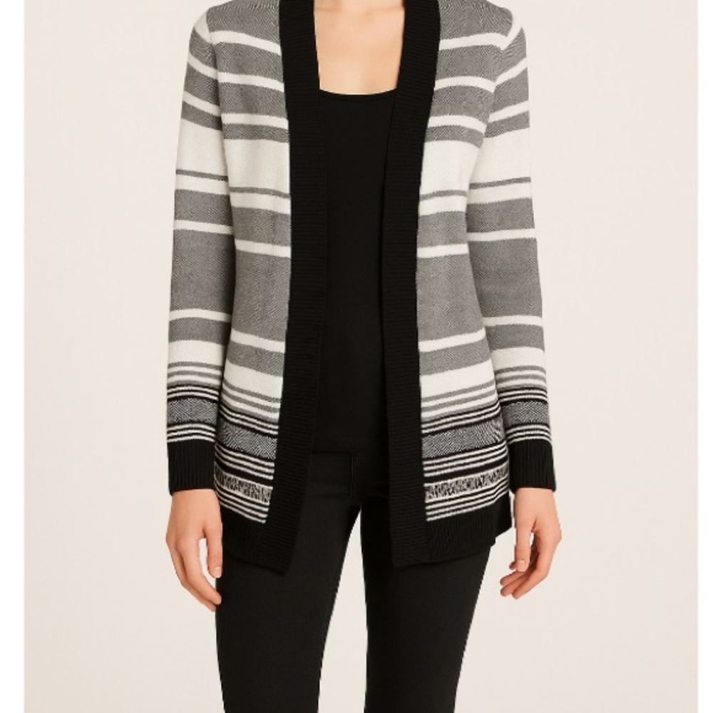 Apt. 9 Striped Open Front Cardigan Black Gray White Small Long Sleeve